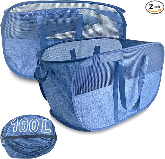 100L Collapsible Laundry Baskets 2 Pack, Extra Large Mesh Pop Up Laundry Hamper, Dirty Clothes Hamper with Reinforced Handles, Folding Hampers for Travel. Dorm or Home Portable Laundry Baskets. Blue