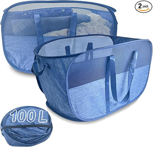 100L Collapsible Laundry Baskets 2 Pack, Extra Large Mesh Pop Up Laundry Hamper, Dirty Clothes Hamper with Reinforced Handles, Folding Hampers for Travel. Dorm or Home Portable Laundry Baskets. Blue