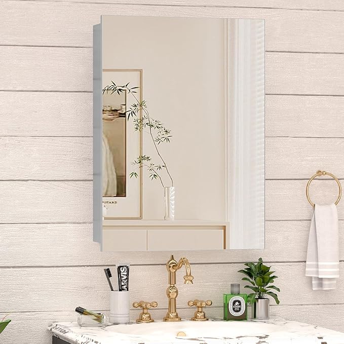 24 x 32 Farmhouse Medicine Cabinet for Bathroom, Silver Bathroom Mirror with Storage, Tempered Glass, Frameless Recessed or Wall Mount Aluminum Medicine Cabinet - Pre-Assembled