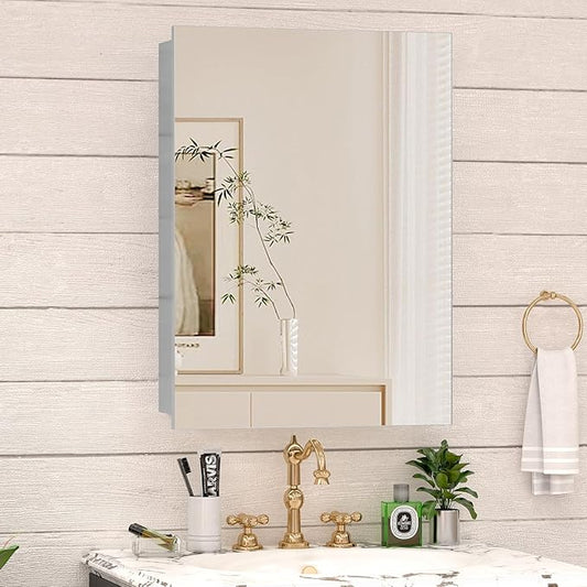 24 x 32 Farmhouse Medicine Cabinet for Bathroom, Silver Bathroom Mirror with Storage, Tempered Glass, Frameless Recessed or Wall Mount Aluminum Medicine Cabinet - Pre-Assembled