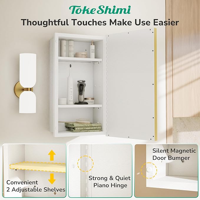 TokeShimi 21x27 Bathroom Medicine Cabinet with Mirror Beveled, White and Gold Recessed Medicine Cabinet Mirrored for Wall, Aluminum Framed Metal Mirror with Storage Adjustable