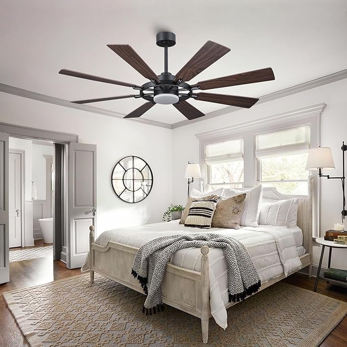 60" Ceiling Fan with Lights and Remote Control, Wood 8 Blades 6-Speed Noiseless Reversible DC Motor, 2 Downrods, Modern Ceiling fan for Office Porch Bedroom Dining Living Room, Black+Walnut