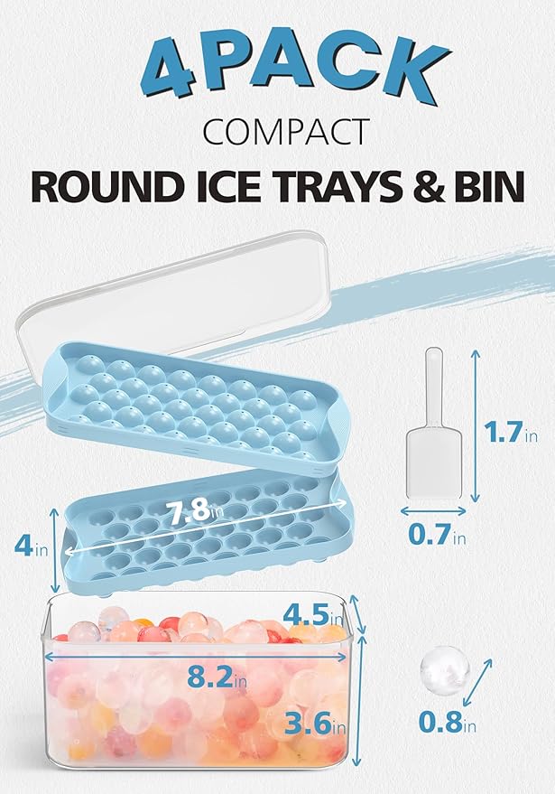 DOQAUS Round Ice Cube Trays with lid and Bin, 4 Pack Easy Pop Out Ice Trays for Freezer with Cover, Compact Circle Ice Cube Trays for Frezzer, Sphere Ice Cube Tray with Storage Ice Bucket Kits, Scoop