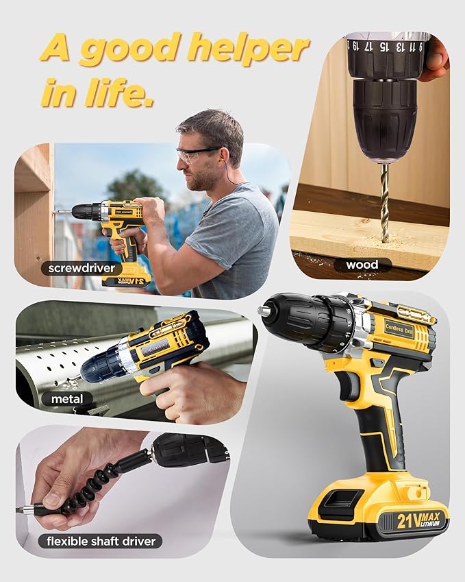 Cordless Drill Set, KELNOW 21V PowerDrill with Power Pack and Charger, 3/8-Inch Keyless Chuck ElectricDrill, 25+1 Position, 2 Speed, 27pcs Drilldriver Bits Tool Drills for DIY Projects
