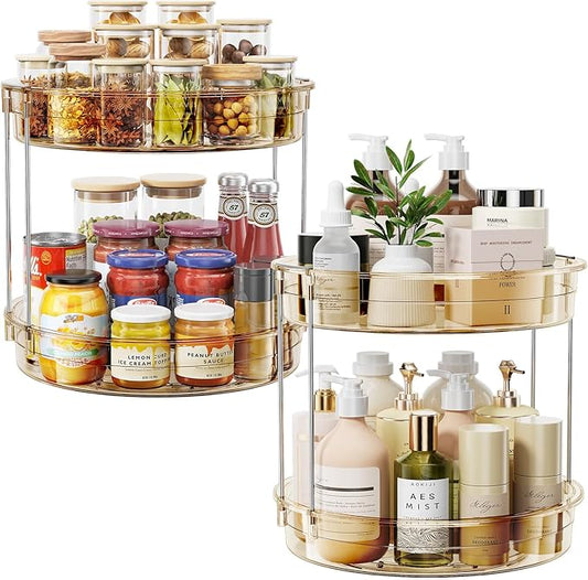 LAMU 2 Pack 2 Tier Lazy Susan Turntable Organizer 12'' Rotating Spice Rack Organization for Cabinet, Kitchen, Pantry, Countertop, Bathroom, Vanity, Medicine Cabinet Organizer, Amber