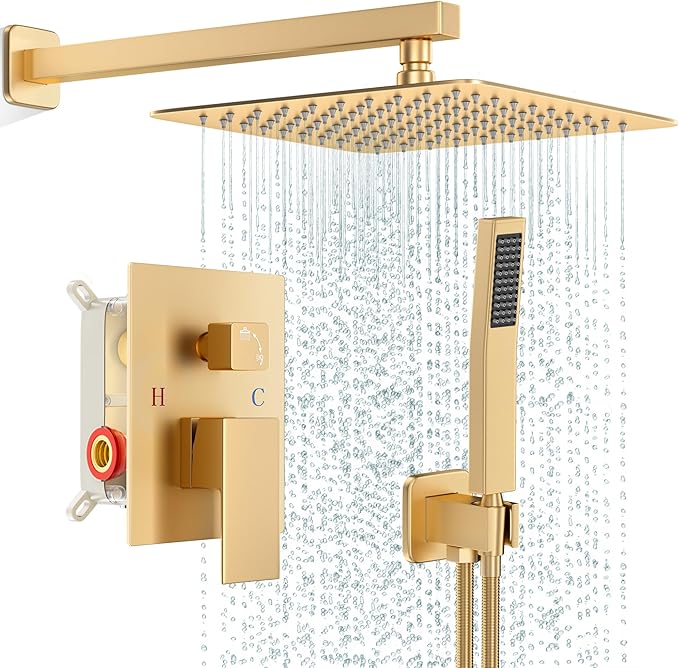 Gold Shower Faucet Set, Rainfall Shower System with Rain Shower Head and Handle Set, Wall Mounted Shower Fixtures, Full Metal Trim Repair Kit 12 inch Paint Gold (With Shower Valve)