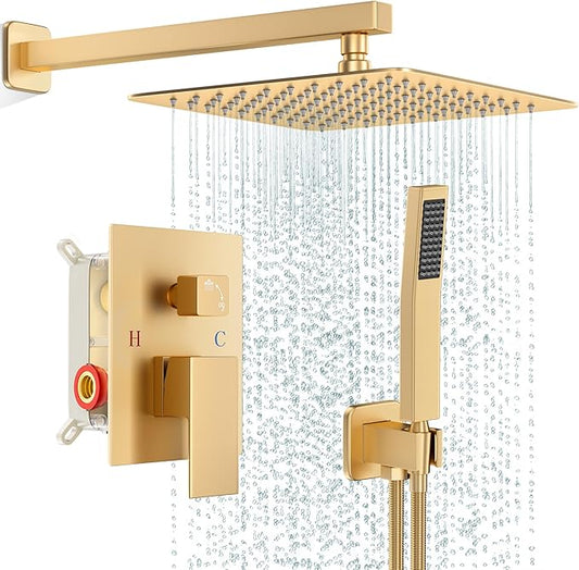 Gold Shower Faucet Set, Rainfall Shower System with Rain Shower Head and Handle Set, Wall Mounted Shower Fixtures, Full Metal Trim Repair Kit 12 inch Paint Gold (With Shower Valve)