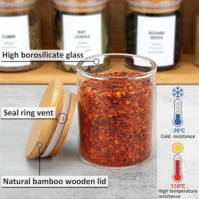 4OZ Glass Spice Jars with Bamboo Lids and 315 Labels, 32 Pcs Clear Food Storage Containers for Kitchen Sugar Salt Coffee Tea Beans