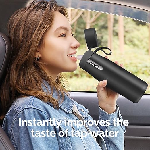 PHILIPS Insulated Stainless Steel Filtered Water Bottle with 3 Philips GoZero Everyday Tap Water Filters BPA Free Transform Tap Water into Healthy Tastier Water Keep Drink Hot/Cold, 18.6 oz, Grey