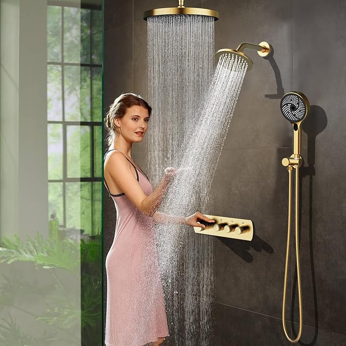 Shower System Brass Thermostatic Shower Faucet Set With Valve and Diverter Shower Mixer with 2 Rain Shower Head and Multi-function Handheld Head（Brushed Gold）