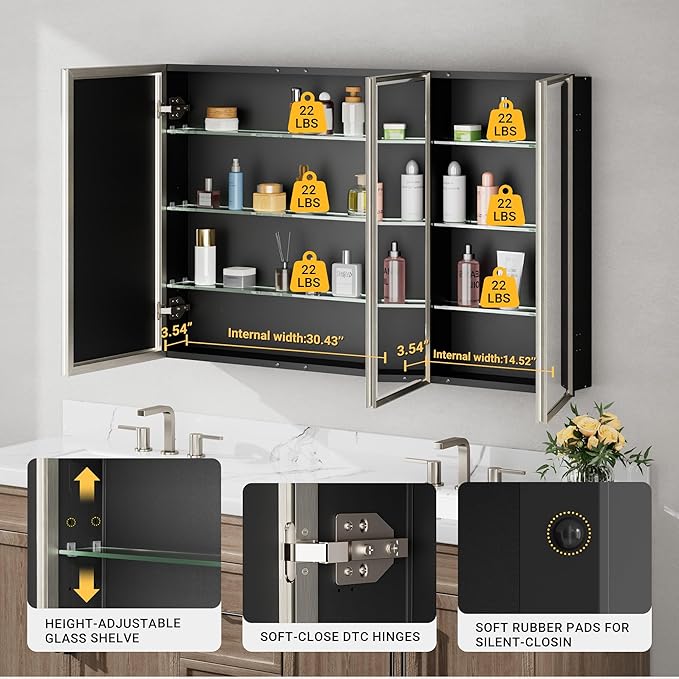 48x30 Brushed Nickel Medicine Cabinet, Recessed or Surface Large Framed Medicine Cabinet with 3 Beveled Mirror Door & Adjustable Shelves, Shatterproof, Pre-Assembled Bathroom Storage Cabinet