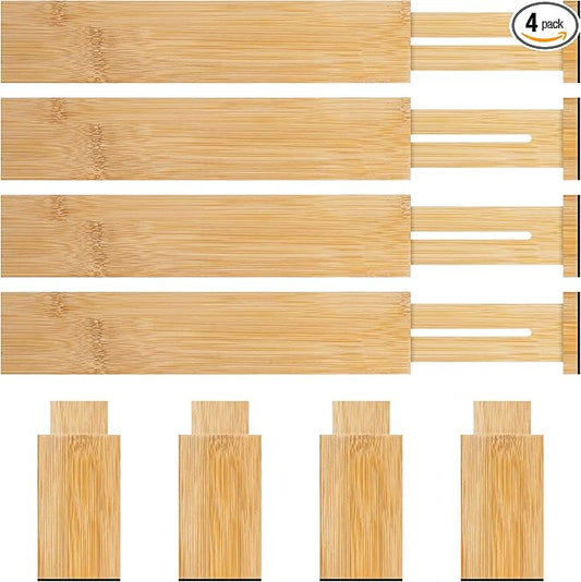 Bamboo Drawer Dividers Organizer with Inserts, Expandable from 12.5-21.7", Adjustable Drawer Organizer Separators for Utensils, Dresser, Bedroom, Bathroom, Closet, Clothing, Office (Beige)