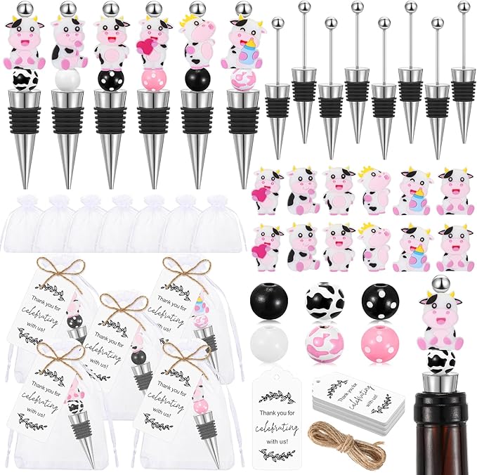 Gisafai 12 Set Cow Beadable Wine Stoppers Thank You Wedding Favors for Guests Decorative Beaded Wine Bottle Stopper with Cow Beads Organza Bag Tag for Wedding Cow Party Favor Baby Shower Gifts