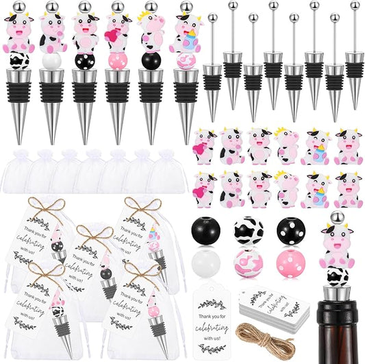 Gisafai 12 Set Cow Beadable Wine Stoppers Baby Shower Wedding Favors for Guests Decorative Beaded Wine Bottle Stopper with Cow Beads Organza Bag Tag for Wedding Cow Party Favor Souvenirs Gifts