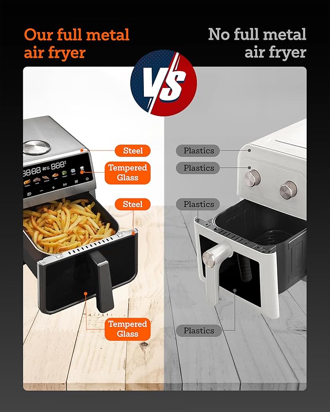 Air Fryer, 6 Qt, Stainless Steel Air Fryer, Stainless Steel Housing& Full Metal Inner Pot, PTFE and PFAS Free, 9 Digital One-Touch Cook Functions,120°F~450°F, 1700W