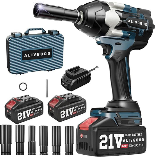 Upgrade 1000N.m (740ft-lbs) Cordless Impact Wrench, 2x 5.0AH Battery Impact Gun, 1/2 Inch Impact Wrench, Power Impact Wrenches for Duty Truck RV Mower 6 Sockets(14mm,17mm,18mm,19mm,21mm,22mm)