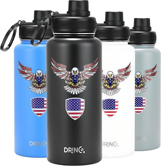 DRINCO Stainless Steel Water Bottle Spout Lid Vacuum Insulated Double Wall Water Bottle USA Flag Military Veteran (32oz Eagle Artic White, 32oz)