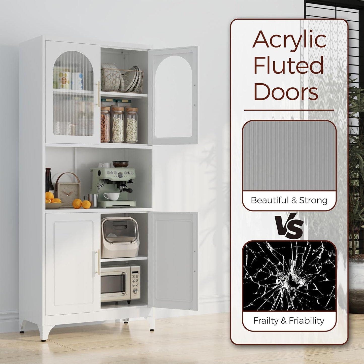 75" Tall Kitchen Pantry Cabinet, Metal Storage Cabinets with Acrylic Doors and Adjustable Shelves, Hutch Cabinet with Storage, White Microwave Stand Cabinets for Dining Living Room