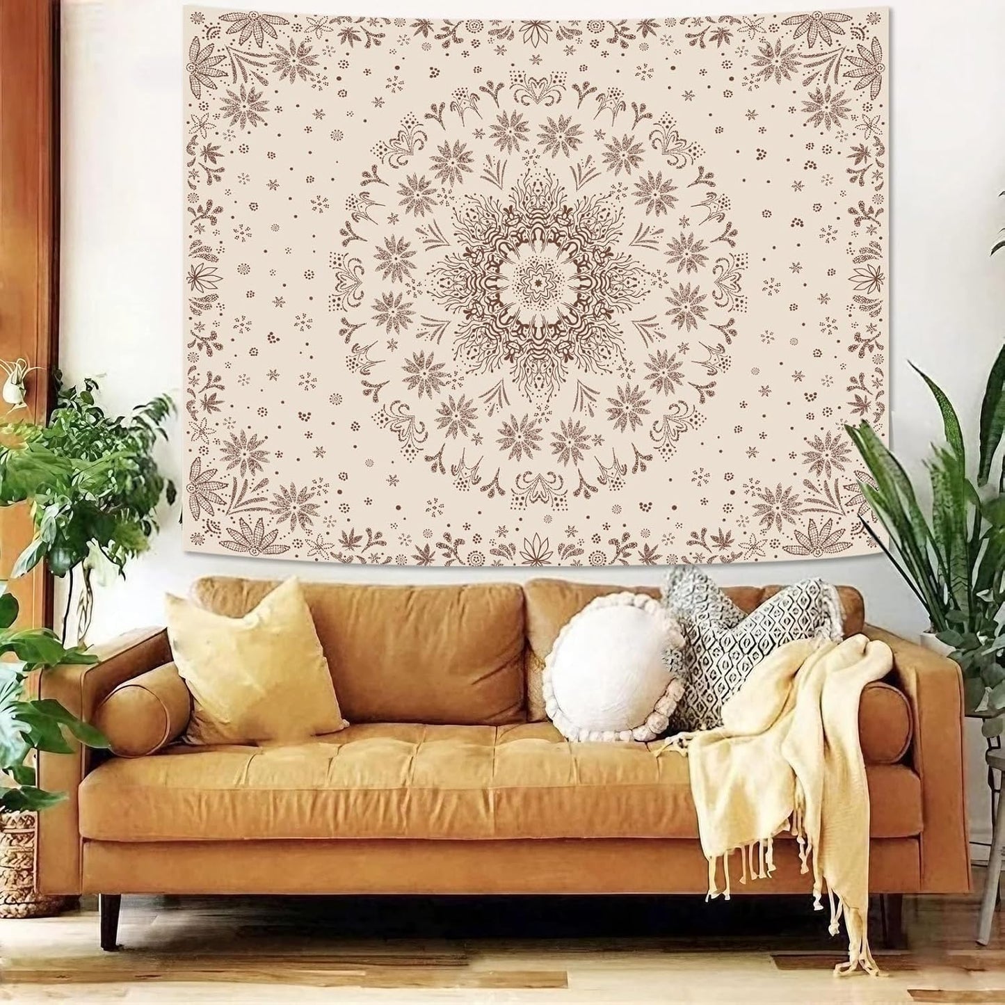 Fowocu Boho Floral Mandala Tapestry Wall Hanging Bohemian Flower Medallion Tapestry Aesthetic Beige Brown Hippie Indian Small Tapestries for Bedroom Living Room Dorm Decor 48 x 36 Inch