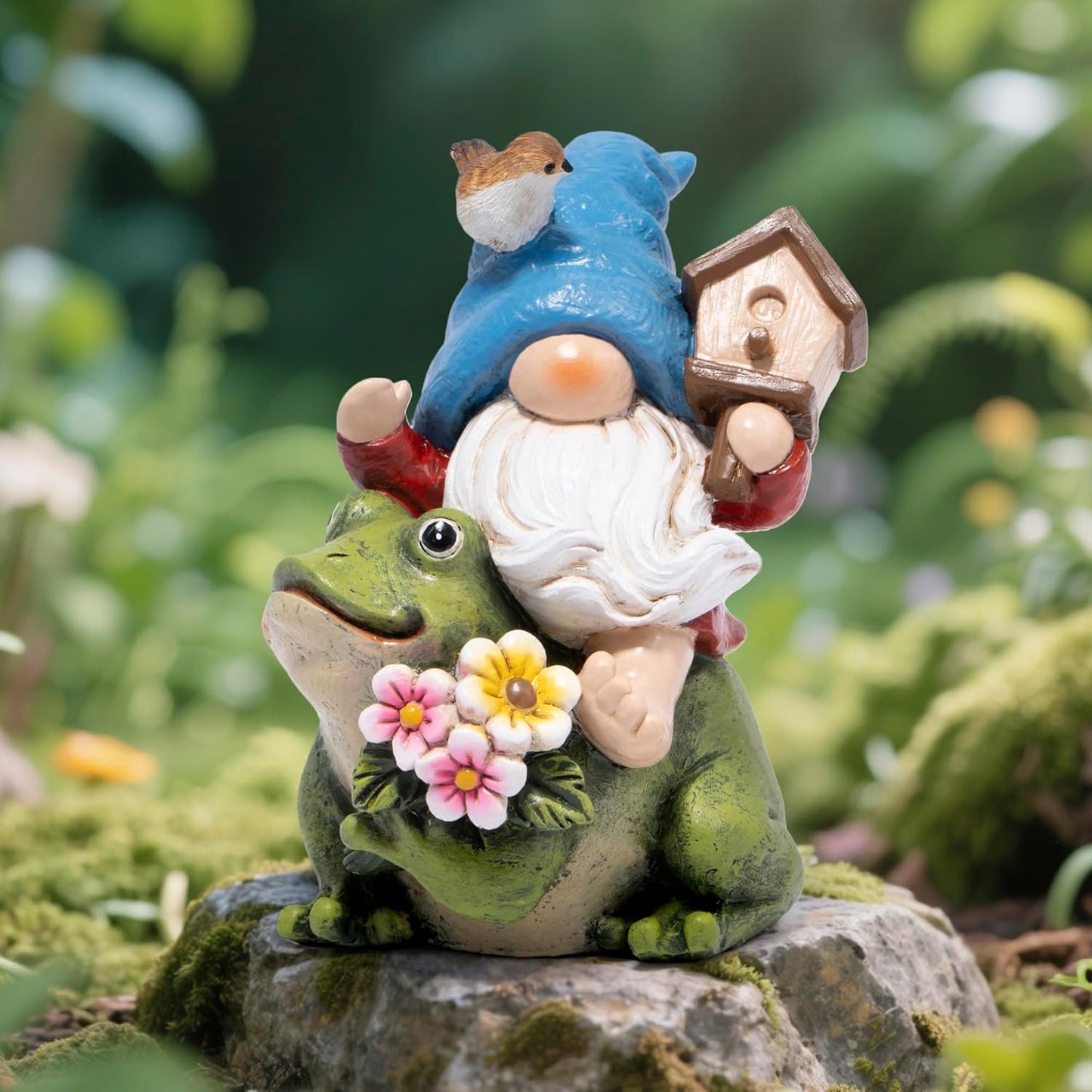Hodao Spring Garden Gnome Decoration Flower Animal Ornaments Decor Gifts Spring Gnomes for Garden Decorations Summer Elf Figurine Gifts for Mom Outdoor Decor (Blue)
