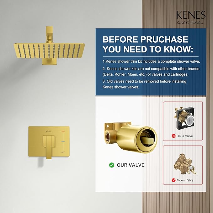 KENES Brushed Gold Shower Faucet, Modern Square Shower Trim Kit with Single-Spray Gold Shower Head, Wall Mount, KE-6024B-4 (Including Shower Valve)