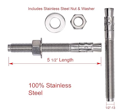 Bolt Dropper 1/2" X 5-1/2" Wedge Anchor (5pc), 18-8 Stainless Steel Corrosion Resistant Commercial Grade Washers and Nuts Included Choose Size