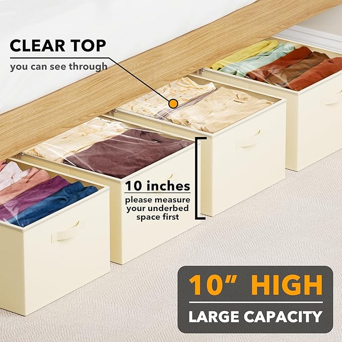 SpaceAid 4 Pack 10" High Under Bed Storage Containers, Large Underbed Storage Organizer Bins with Lids for Bedroom, Dorm, Clothes, Closet Organization, Bed Sheets and Blankets (Beige)