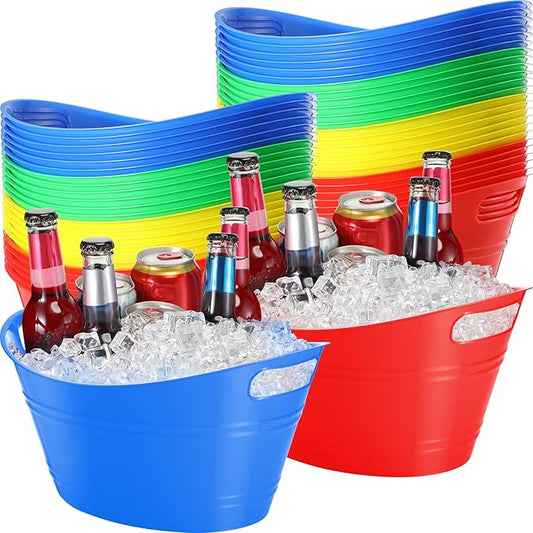 Norme 24 Pcs Oval Storage Tub with Handles, 4.5L Plastic Ice Bucket Wine Beer Champagne Bottle Drink Cooler Tub for Parties Beverage, Storage Basket (Colorful)