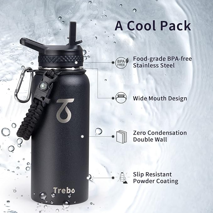Trebo 32 oz Water Bottle Insulated with Lid and Straw,Double Wall Vacuum Stainless Steel Metal Tumbler Sports Flask with Paracord Handle, Keep Hot 24 Hours & Cold 48 Hours Water Cup with 3 Lids, Black