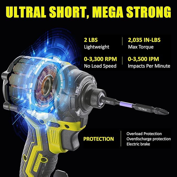 YOIbuy Cordless Impact Driver (Tool Only), Ultral short head, Mega power, Compatible with Dewalt 20V Batteries, 1/4"Brushless impact dirver with 4-Speed Settings, Smart-Mode, LED Light (YELLOW)