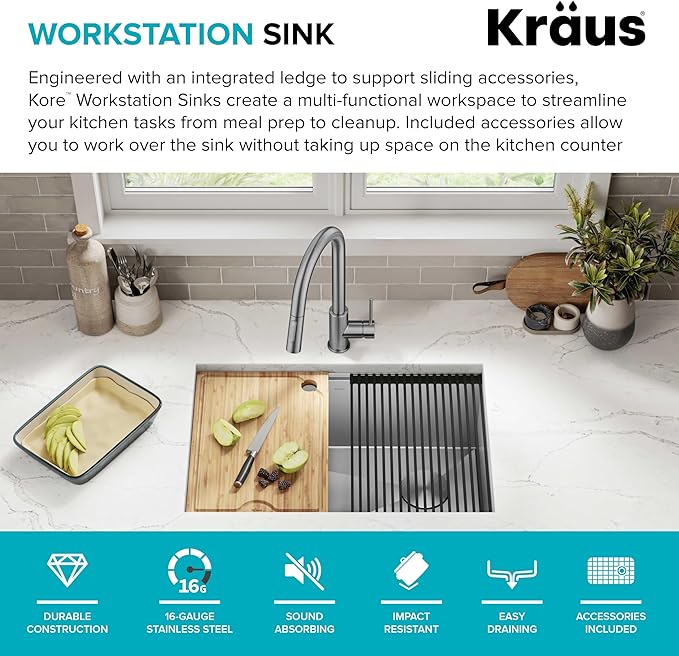 KRAUS Kore 28 Inch Undermount Workstation 16 Gauge Stainless Steel Single Bowl Stainless Steel Kitchen Sink with Accessories, KWU110-28