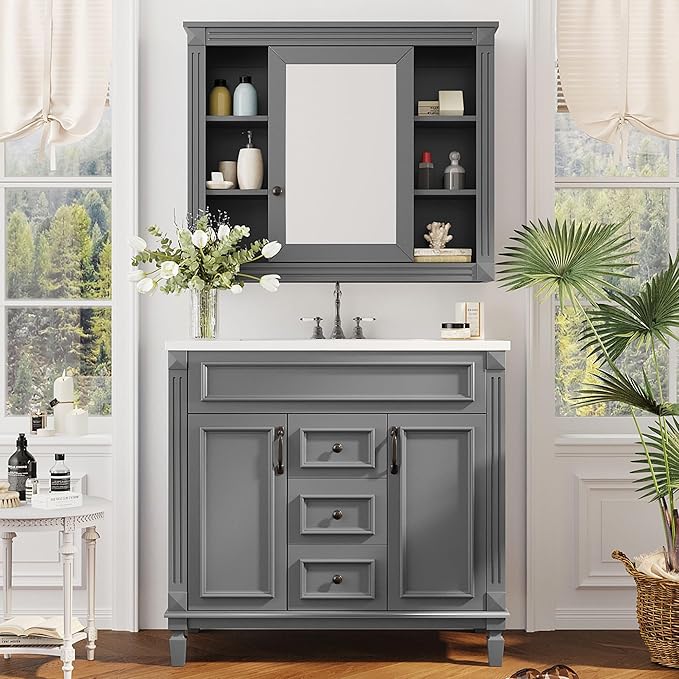 Marzzi 36"" Bathroom Vanity with Sink & Matching Medicine Cabinet, 36 inch Bathroom Vanity Storage Cabinet with Sink Top, 2 Drawers, and Mirror Cabinet, Grey
