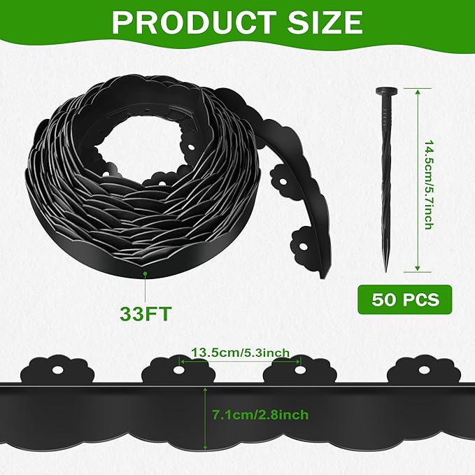 Landscape Edging Border 2.8 in Tall 33FT No Dig Garden Edging Borders with 50pcs Spikes Plastic Lawn Edging for Yard, Pathway and Flower Beds Fence, Black