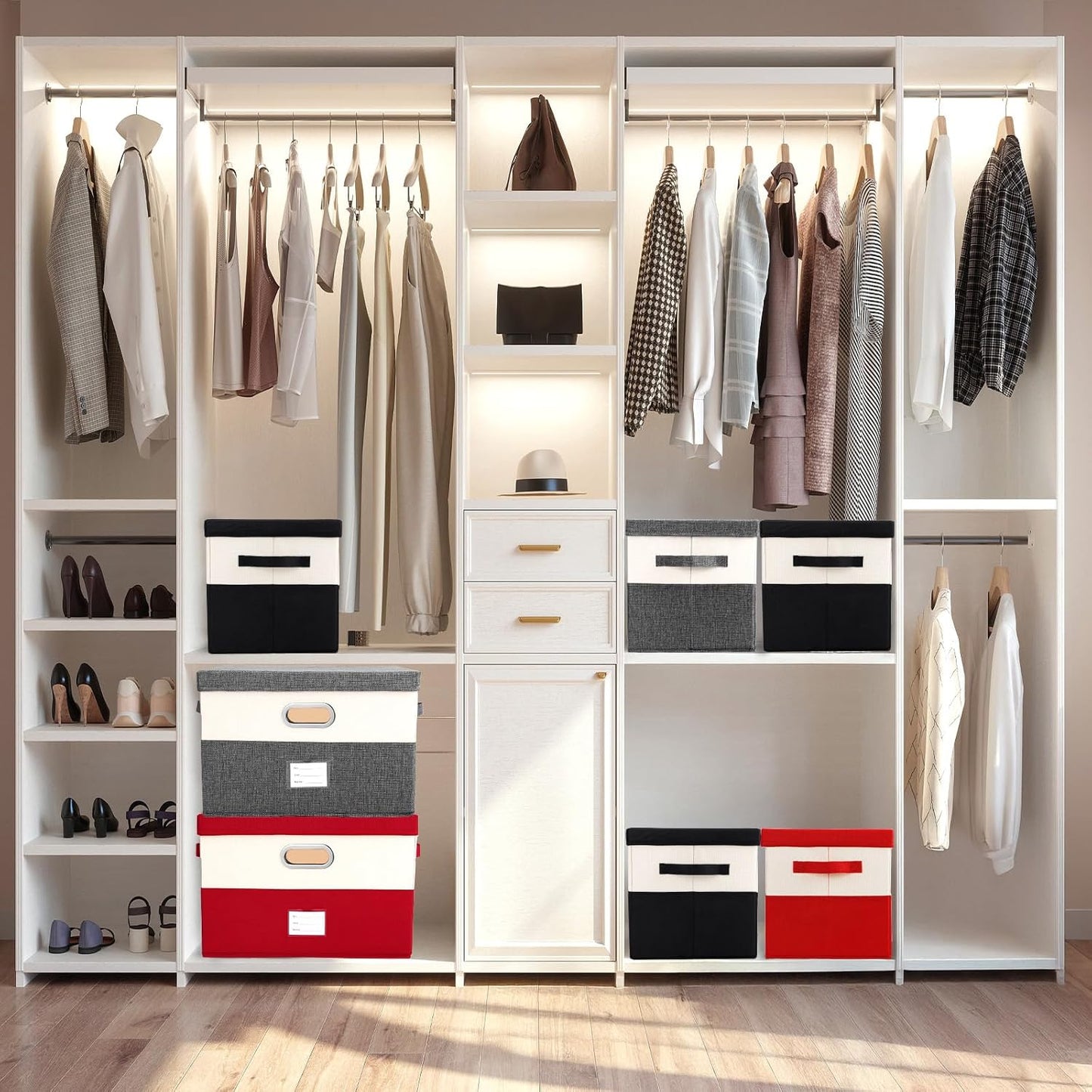 Large Linen Fabric Foldable Storage Bins with Removable Lid and Handles, Washable Storage Box Organizer Containers Baskets Cube with Cover for Bedroom,Office(Red&Cream, Large)