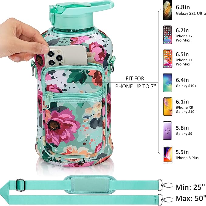 Fimibuke Half Gallon Water Bottle with Sleeve 64 OZ Water Bottle with Handle & Straw Leakproof Motivational Sports Gym Water Bottle with Time Marker BPA Free Water Jug with Reusable Neoprene Holder