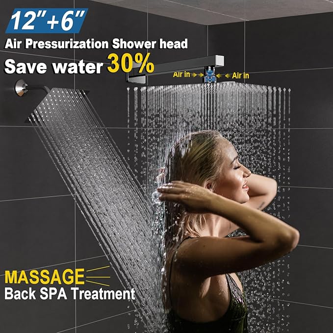 Enga Thermostatic Dual Shower System, 12"+6" Wall Mount Dual Rain Shower Faucet, All Functions Use Together & Volume Adjustable, Chrome