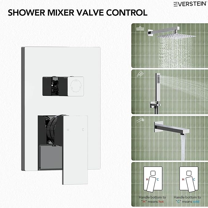 Shower Tub Faucet Set, 10" Bathroom Rainfall Shower Head Fixtures Combo with Handheld Spray and Tub Spout, Chrome