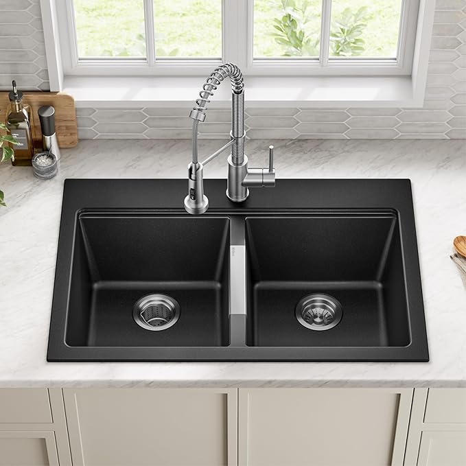 KRAUS Quarza 33-inch Drop-In/Undermount 50/50 Double Bowl Granite Kitchen Sink in Black Onyx, KGD-433B