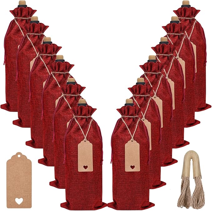 EVRWO Burlap Wine Bags 12 Pcs Wine Bottle Gift Bags Reusable Gift Bags With Drawstrings Tags & Ropes for Holiday Weedings Party, Birthdays, Travel, Blind Tastings, Home Storage 750ml (Burgundy)