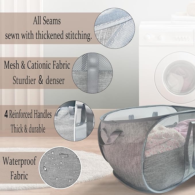 100L Collapsible Laundry Baskets 2 Pack, Extra Large Mesh Pop Up Laundry Hamper, Dirty Clothes Hamper with Reinforced Handles, Folding Hampers for Travel. Dorm or Home Portable Laundry Baskets. Grey