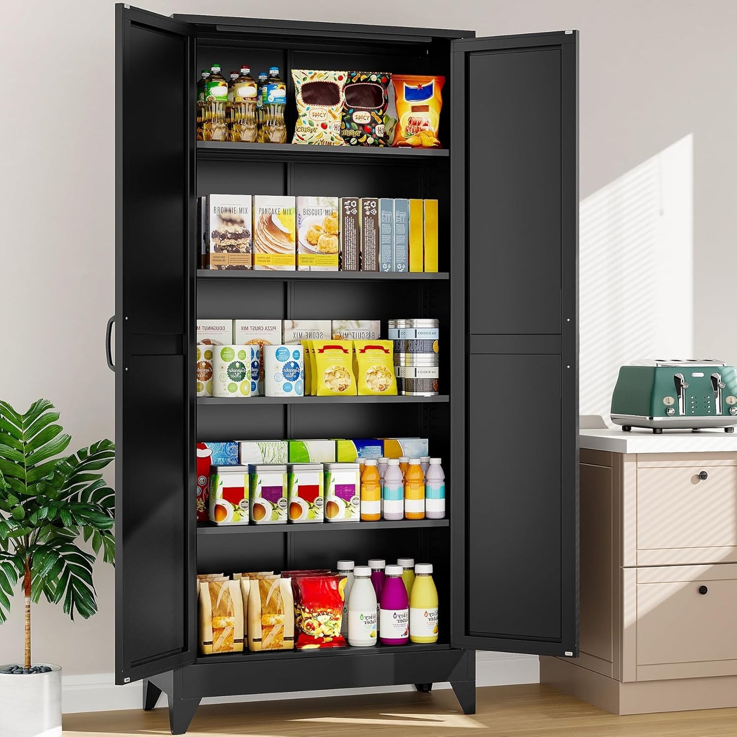 75" Tall Pantry Cabinet,Farmhouse Kitchen Pantry Storage Cabinets with 2 Doors and 5 Shelves,Black Metal Storage Cabinet,Large Cupboard for Home,Kitchen,Dining/Living Room