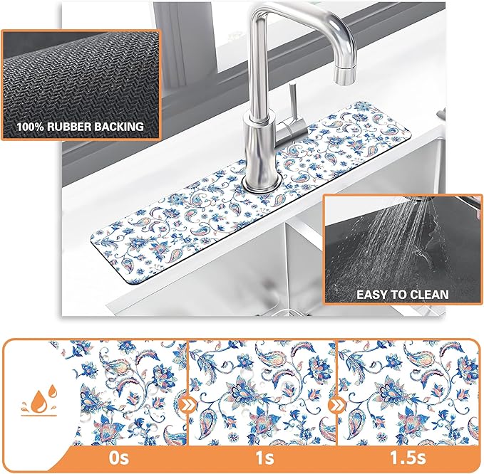 Kitchen Faucet Mat Watercolor Ceramic Floral Kitchen Sink Splash Guard Faucet Mat,1 PC Splash Guard Behind Faucet Drip Catcher for Kitchen,Dish Drying Mat,Bathroom Faucet Mat 23.5""X5.5""