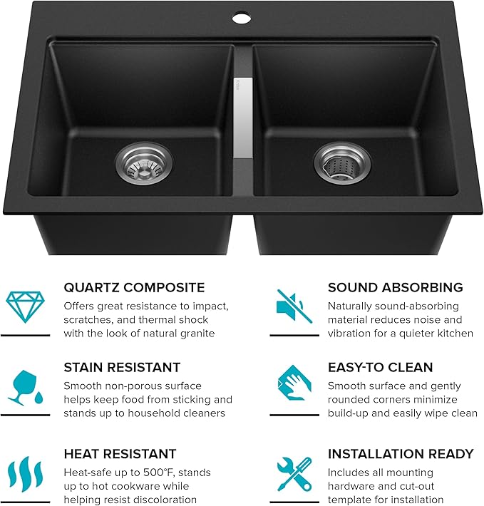 KRAUS Quarza 33-inch Drop-In/Undermount 50/50 Double Bowl Granite Kitchen Sink in Black Onyx, KGD-433B