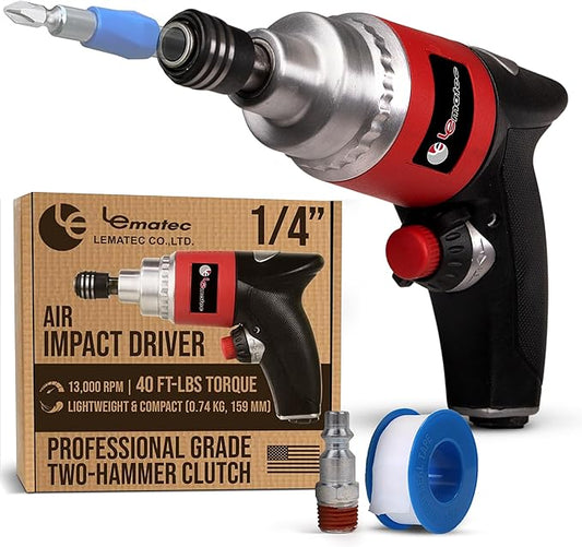 LE LEMATEC Professional Air Impact Driver - 13000 RPM Pneumatic Wrench with Twin Hammer, 40 ft-lbs Torque, 1/4" NPT Compact Tool for Automotive, Furniture & Woodworking (LE-ID413)