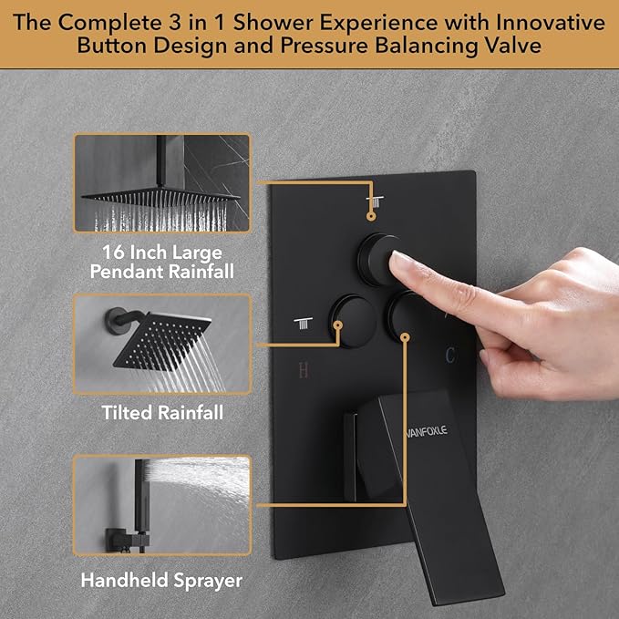 VANFOXLE Shower Faucet Set Matte Black Shower System,Shower Faucet with 2 in 1 Handheld,Ceiling Mount 16 Inch Shower Head+6 Inch Shower Head(Rough-in Valve Body and Trim)