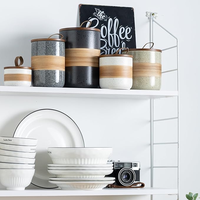 Large Storage Containers with Lids, Ceramic Coffee Container Kitchen Food Storage Jars for Spice Sugar Tea Bag, Stackable Decorative Jars for Counter, Black & 61oz