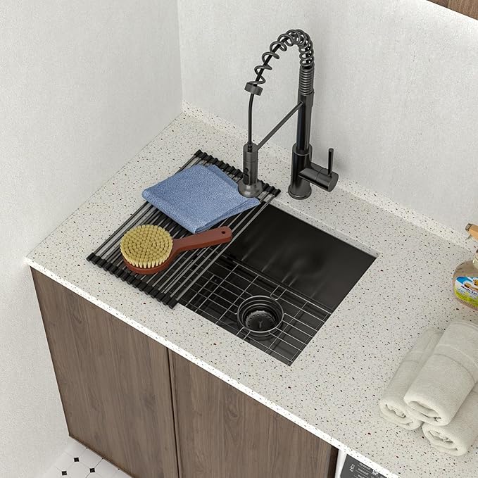 Lordear 23 Black Laundry Sink Stainless Steel - 23" x 18" x 12" Undermount Sink Single Bowl 16 Gauge Stainless Steel Deep Laundry Room Utility Sinks Handmade Under Counter Kitchen Basin,Gunmetal Black