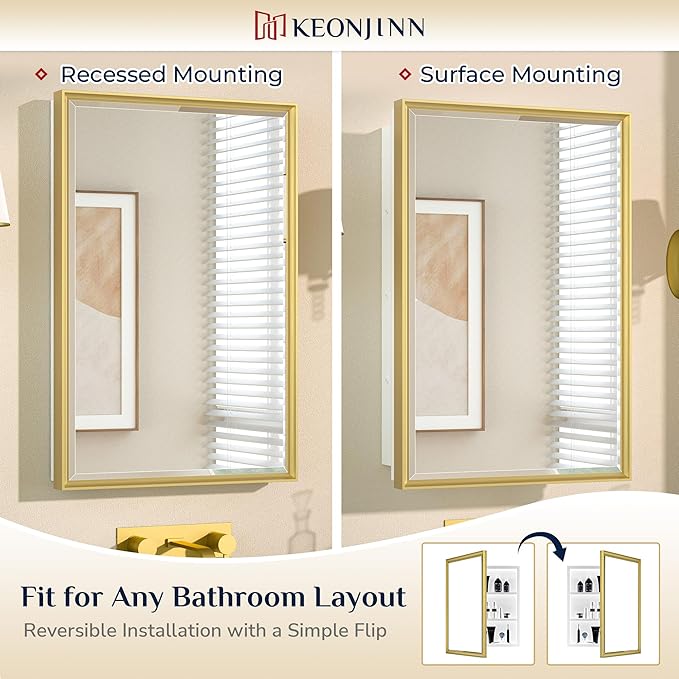 Keonjinn 17" x 25" Gold Medicine Cabinets with Mirror for Bathroom, Recessed or Surface Wall-Mounted Aluminum Alloy Framed Beveled Mirror, Single Door Farmhouse Bathroom Mirror with Storage Cabinet