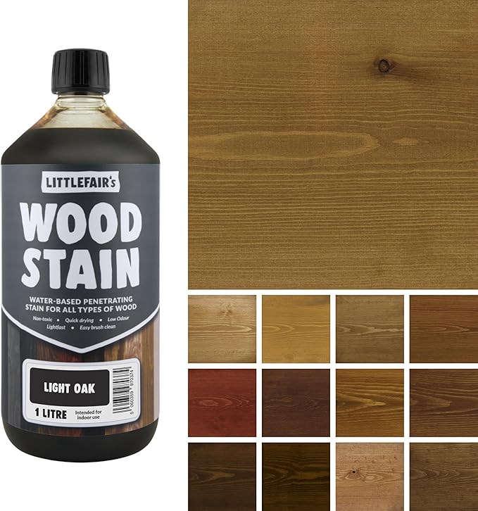 Littlefair's Wood Stain Water Based - 34oz/1ltr - Indoor Furniture Stain Light & Dark Finishes - Special Non Toxic & Eco Friendly Formula - Wood Stain for Crafts - Color: Light Oak