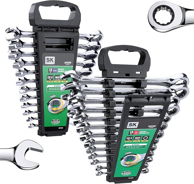 SK Ratcheting Wrench Set, Combination Wrench Set, 25-Piece, SAE 1/4" to 1", Metric 8 to 19mm, 72-Tooth, Premium CR-V Construction, with Rack Organizer